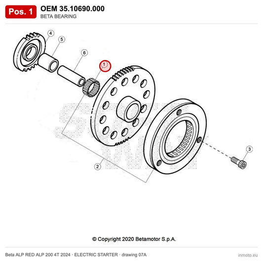 BETA BEARING – OEM 35.10690.000, position 1 on the Beta ALP RED ALP 200 4T 2024 elettricstarter drawing