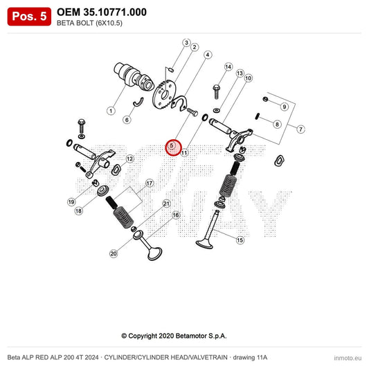 BETA BOLT (6X10.5) – OEM 35.10771.000, position 5 on the Beta ALP RED ALP 200 4T 2024 cylinder/cylinder head/valvetrain drawing