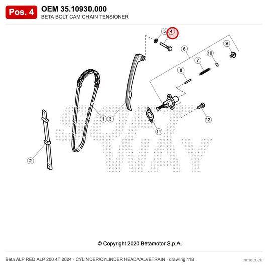 BETA BOLT CAM CHAIN TENSIONER – OEM 35.10930.000, position 4 on the Beta ALP RED ALP 200 4T 2024 cylinder/cylinder head/valvetrain drawing
