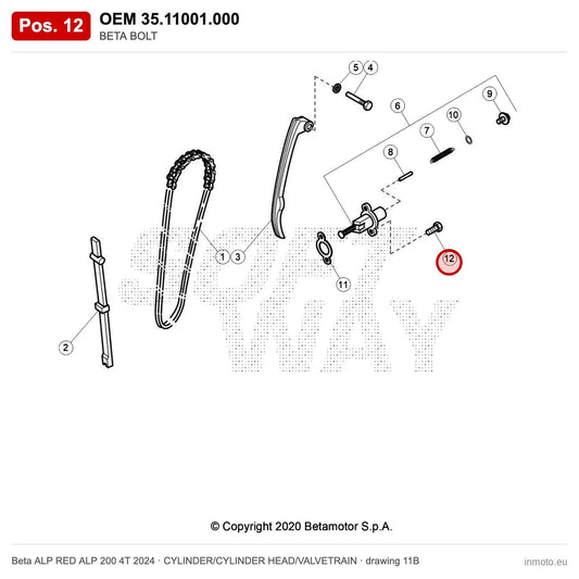 BETA BOLT – OEM 35.11001.000, position 12 on the Beta ALP RED ALP 200 4T 2024 cylinder/cylinder head/valvetrain drawing