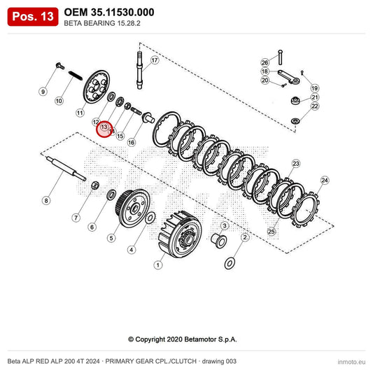 BETA BEARING 15.28.2 – OEM 35.11530.000, position 13 on the Beta ALP RED ALP 200 4T 2024 primary gear cpl./clutch drawing
