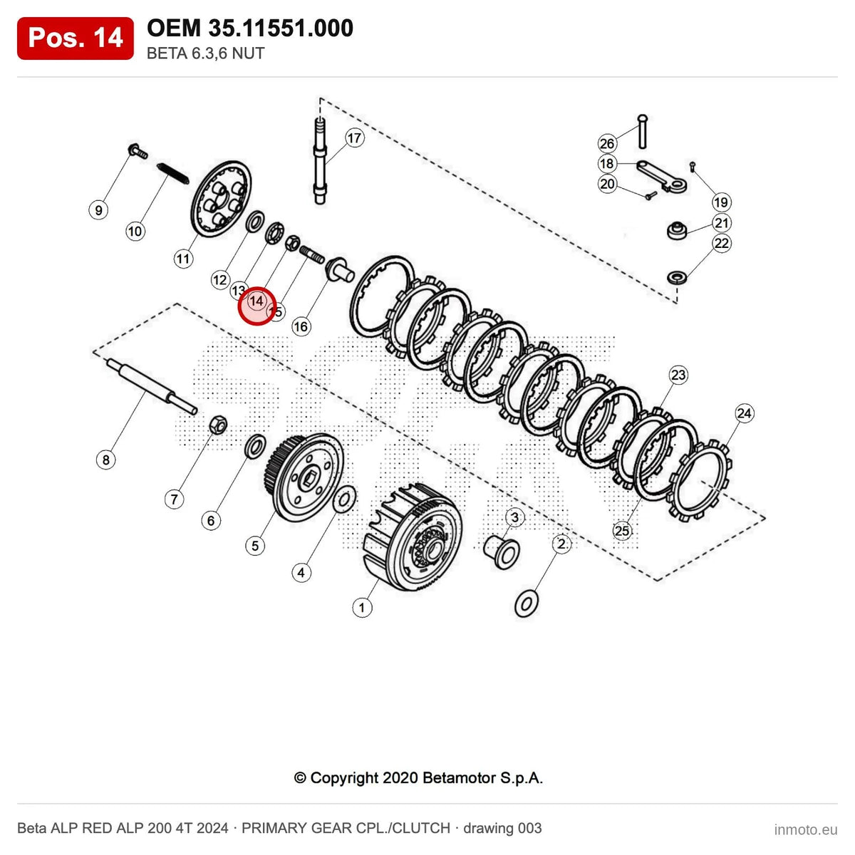 BETA 6.3,6 NUT – OEM 35.11551.000, position 14 on the Beta ALP RED ALP 200 4T 2024 primary gear cpl./clutch drawing