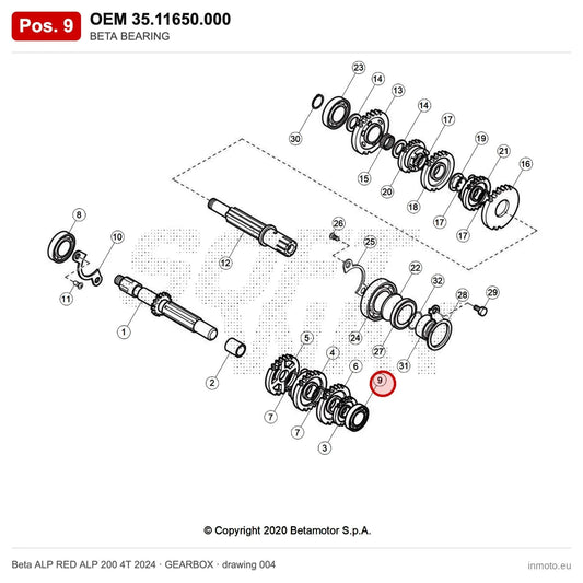 BETA BEARING – OEM 35.11650.000, position 9 on the Beta ALP RED ALP 200 4T 2024 gearbox drawing