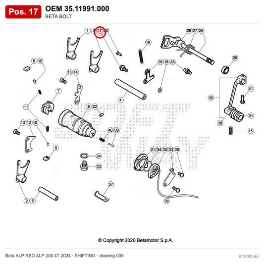 BETA BOLT – OEM 35.11991.000, position 17 on the Beta ALP RED ALP 200 4T 2024 shifting drawing