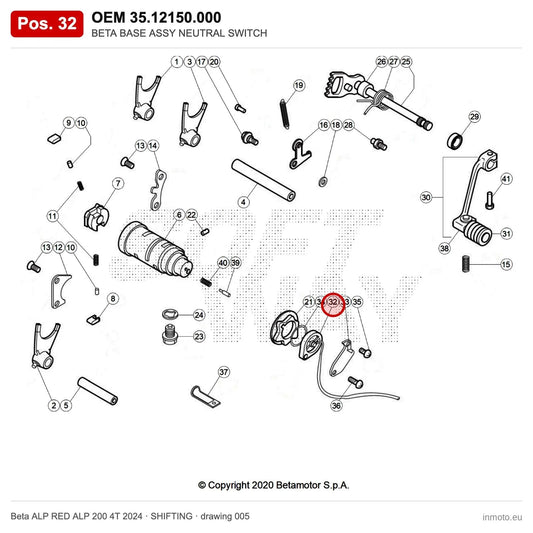 BETA BASE ASSY NEUTRAL SWITCH – OEM 35.12150.000, position 32 on the Beta ALP RED ALP 200 4T 2024 shifting drawing