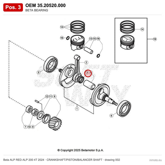 BETA BEARING – OEM 35.20520.000, position 3 on the Beta ALP RED ALP 200 4T 2024 crankshaft/piston/balancer shaft drawing