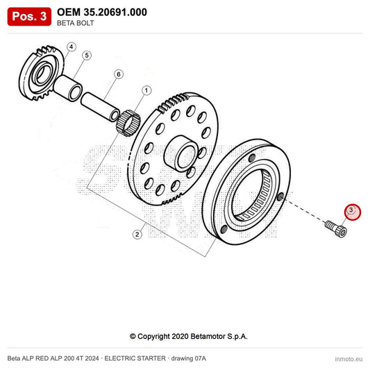 BETA BOLT – OEM 35.20691.000, position 3 on the Beta ALP RED ALP 200 4T 2024 elettricstarter drawing