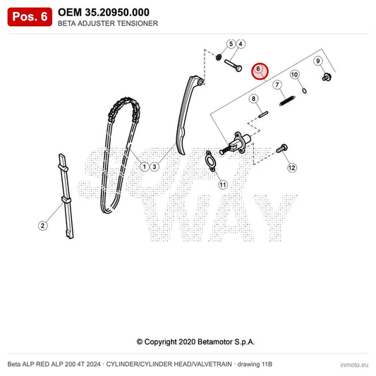 BETA ADJUSTER TENSIONER – OEM 35.20950.000, position 6 on the Beta ALP RED ALP 200 4T 2024 cylinder/cylinder head/valvetrain drawing