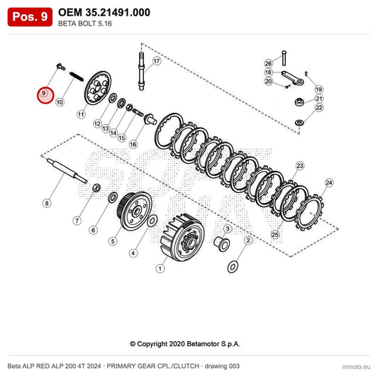BETA BOLT 5.16 – OEM 35.21491.000, position 9 on the Beta ALP RED ALP 200 4T 2024 primary gear cpl./clutch drawing