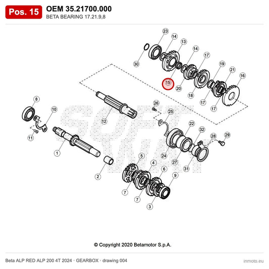 BETA BEARING 17.21.9,8 – OEM 35.21700.000, position 15 on the Beta ALP RED ALP 200 4T 2024 gearbox drawing