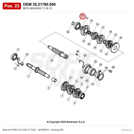 BETA BEARING 17.36.12 – OEM 35.21780.000, position 23 on the Beta ALP RED ALP 200 4T 2024 gearbox drawing