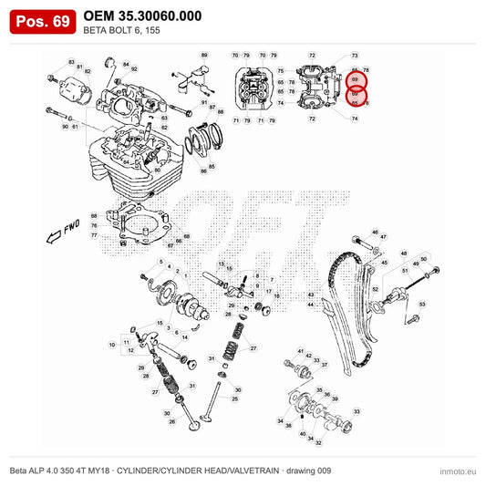 BETA BOLT 6, 155 – OEM 35.30060.000, position 69 on the Beta ALP 4.0 350 4T MY18 cylinder/cylinder head/valvetrain drawing
