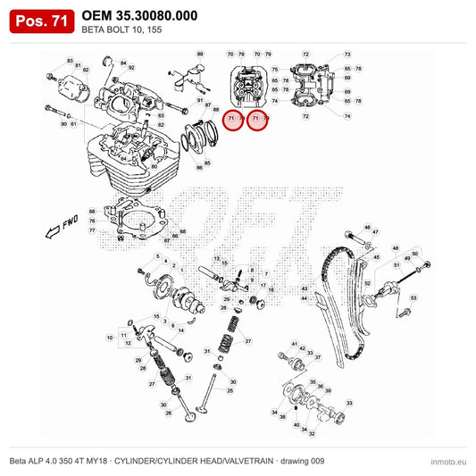 BETA BOLT 10, 155 – OEM 35.30080.000, position 71 on the Beta ALP 4.0 350 4T MY18 cylinder/cylinder head/valvetrain drawing