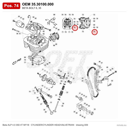 BETA BOLT 6, 35 – OEM 35.30100.000, position 74 on the Beta ALP 4.0 350 4T MY18 cylinder/cylinder head/valvetrain drawing