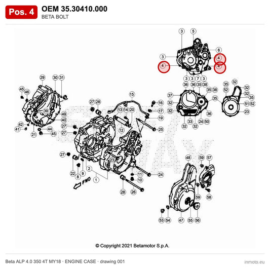 BETA BOLT – OEM 35.30410.000, position 4 on the Beta ALP 4.0 350 4T MY18 engine case drawing