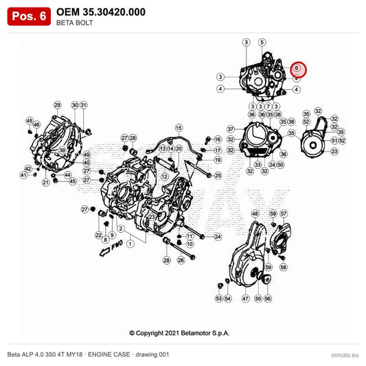 BETA BOLT – OEM 35.30420.000, position 6 on the Beta ALP 4.0 350 4T MY18 engine case drawing