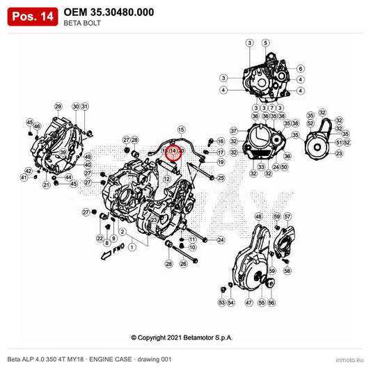 BETA BOLT – OEM 35.30480.000, position 14 on the Beta ALP 4.0 350 4T MY18 engine case drawing