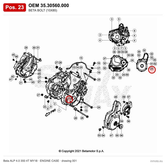 BETA BOLT (10X85) – OEM 35.30560.000, position 23 on the Beta ALP 4.0 350 4T MY18 engine case drawing