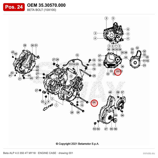 BETA BOLT (10X100) – OEM 35.30570.000, position 24 on the Beta ALP 4.0 350 4T MY18 engine case drawing