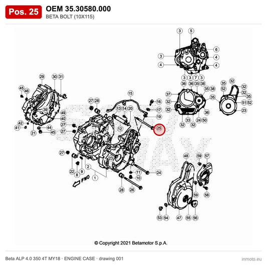BETA BOLT (10X115) – OEM 35.30580.000, position 25 on the Beta ALP 4.0 350 4T MY18 engine case drawing