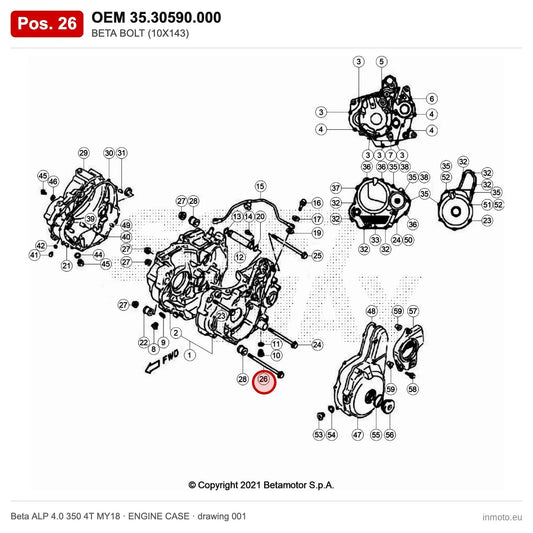 BETA BOLT (10X143) – OEM 35.30590.000, position 26 on the Beta ALP 4.0 350 4T MY18 engine case drawing