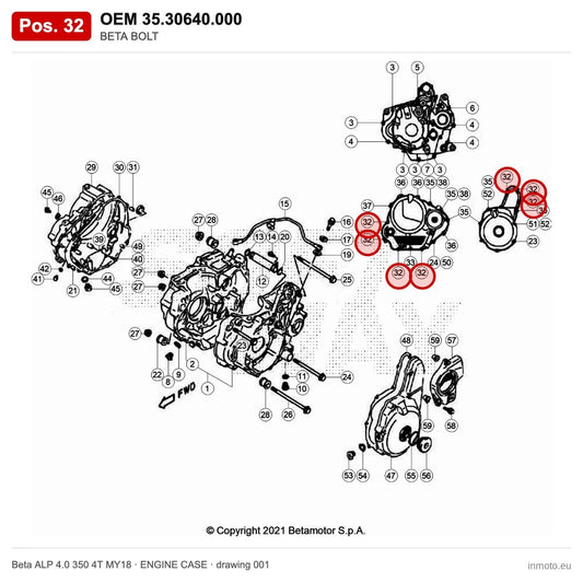 BETA BOLT – OEM 35.30640.000, position 32 on the Beta ALP 4.0 350 4T MY18 engine case drawing