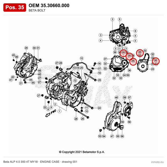 BETA BOLT – OEM 35.30660.000, position 35 on the Beta ALP 4.0 350 4T MY18 engine case drawing