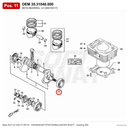 BETA BEARING, LH (35X72X17) – OEM 35.31040.000, position 11 on the Beta ALP 4.0 350 4T MY18 crankshaft/piston/balancer shaft drawing