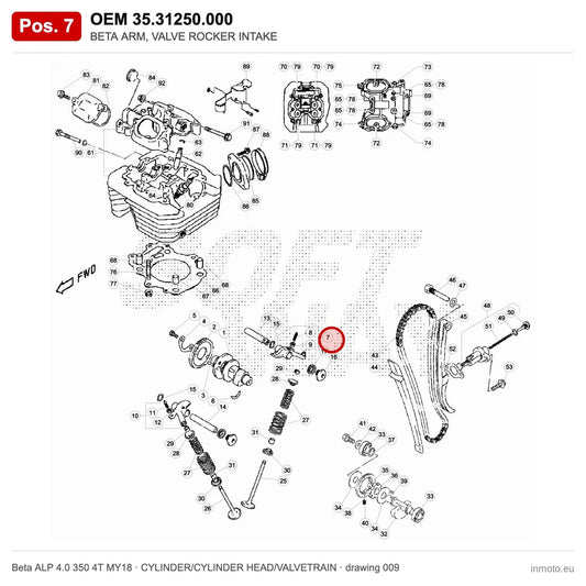 BETA ARM, VALVE ROCKER INTAKE – OEM 35.31250.000, position 7 on the Beta ALP 4.0 350 4T MY18 cylinder/cylinder head/valvetrain drawing