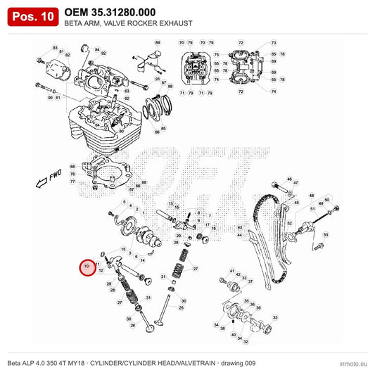 BETA ARM, VALVE ROCKER EXHAUST – OEM 35.31280.000, position 10 on the Beta ALP 4.0 350 4T MY18 cylinder/cylinder head/valvetrain drawing