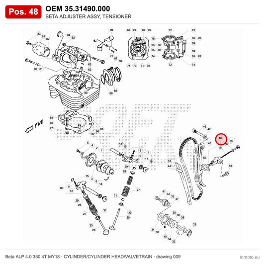 BETA ADJUSTER ASSY, TENSIONER – OEM 35.31490.000, position 48 on the Beta ALP 4.0 350 4T MY18 cylinder/cylinder head/valvetrain drawing