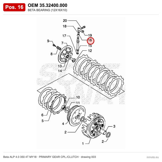 BETA BEARING (12X16X10) – OEM 35.32400.000, position 16 on the Beta ALP 4.0 350 4T MY18 primary gear cpl./clutch drawing