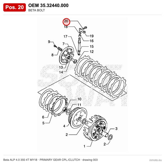 BETA BOLT – OEM 35.32440.000, position 20 on the Beta ALP 4.0 350 4T MY18 primary gear cpl./clutch drawing