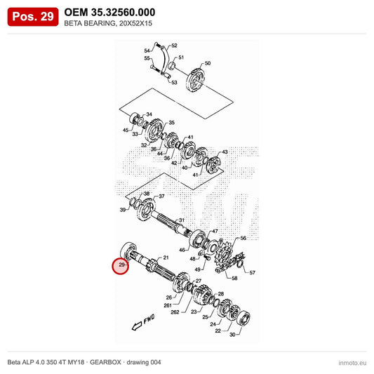 BETA BEARING, 20X52X15 – OEM 35.32560.000, position 29 on the Beta ALP 4.0 350 4T MY18 gearbox drawing