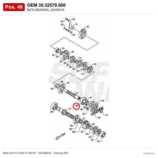 BETA BEARING, 22X56X16 – OEM 35.32570.000, position 46 on the Beta ALP 4.0 350 4T MY18 gearbox drawing