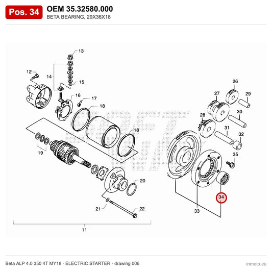 BETA BEARING, 29X36X18 – OEM 35.32580.000, position 34 on the Beta ALP 4.0 350 4T MY18 elettricstarter drawing