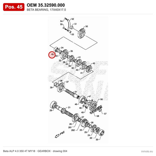 BETA BEARING, 17X40X17.5 – OEM 35.32590.000, position 45 on the Beta ALP 4.0 350 4T MY18 gearbox drawing