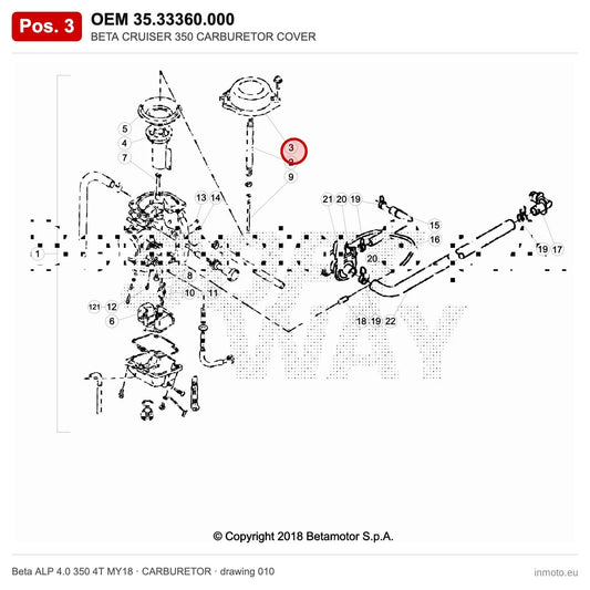 BETA CRUISER 350 CARBURETOR COVER – OEM 35.33360.000, position 3 on the Beta ALP 4.0 350 4T MY18 carburetor drawing