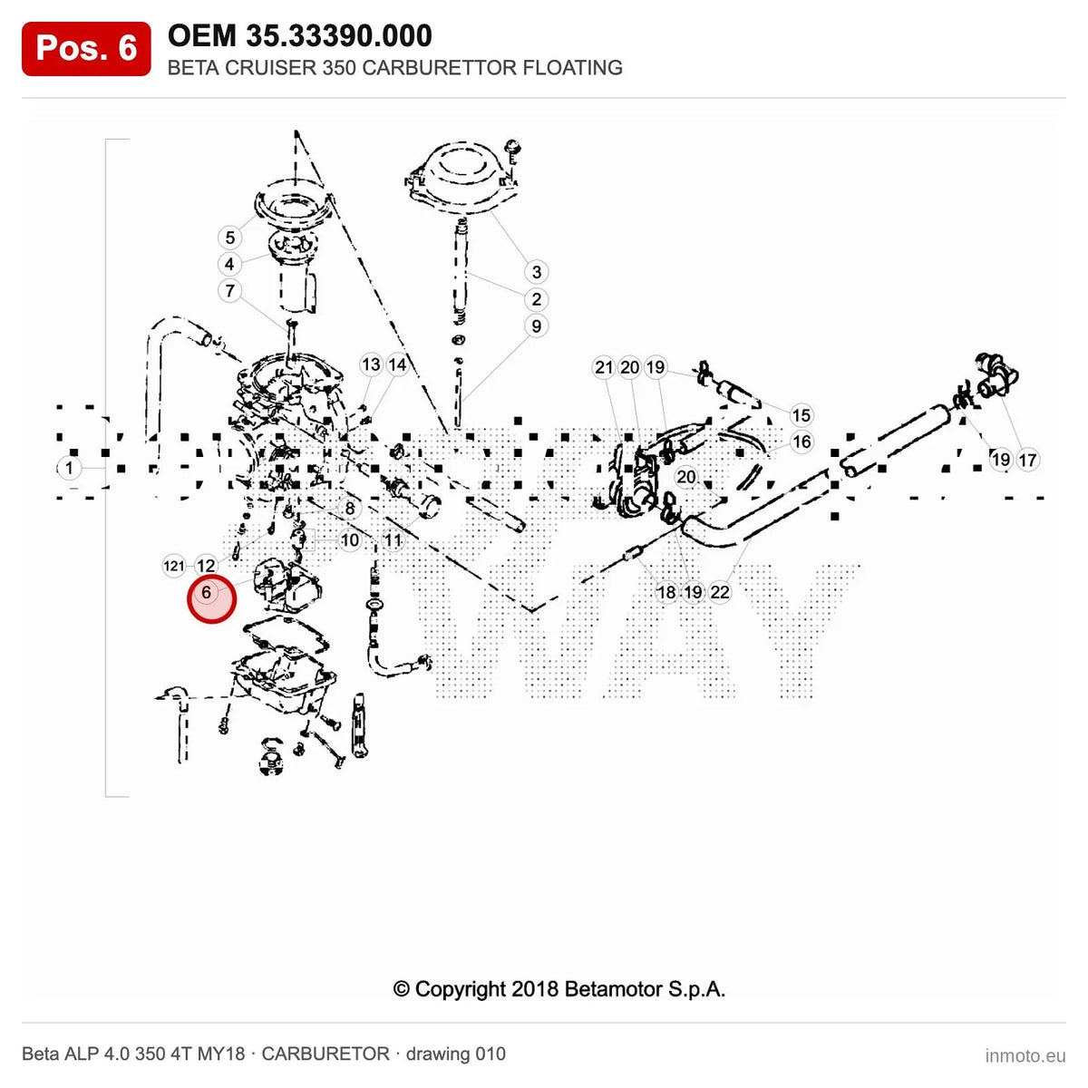 BETA CRUISER 350 CARBURETTOR FLOATING – OEM 35.33390.000, position 6 on the Beta ALP 4.0 350 4T MY18 carburetor drawing