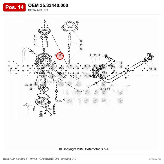 BETA AIR JET – OEM 35.33440.000, position 14 on the Beta ALP 4.0 350 4T MY18 carburetor drawing