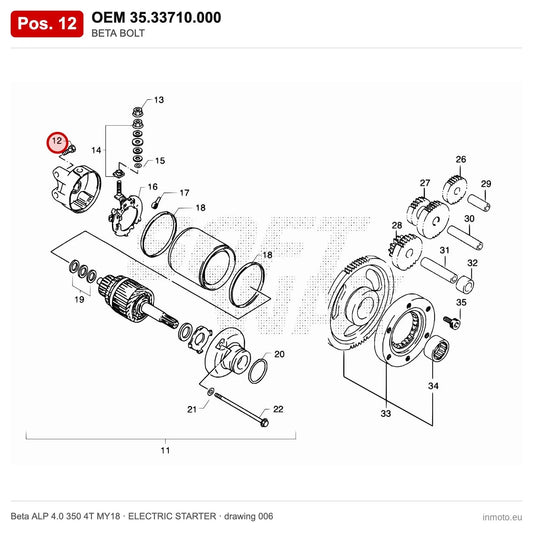 BETA BOLT – OEM 35.33710.000, position 12 on the Beta ALP 4.0 350 4T MY18 elettricstarter drawing