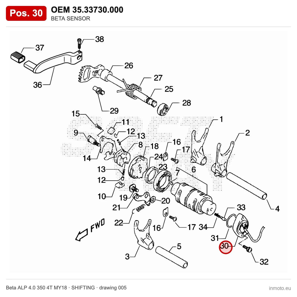 BETA SENSOR – OEM 35.33730.000, position 30 on the Beta ALP 4.0 350 4T MY18 shifting drawing