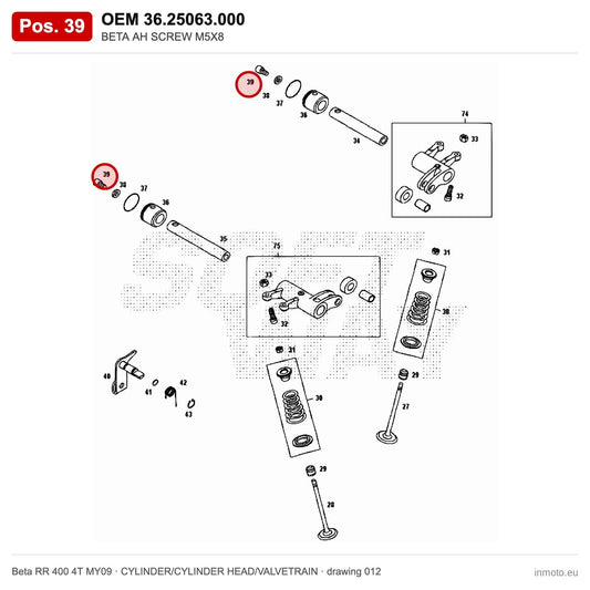 BETA AH SCREW M5X8 – OEM 36.25063.000, position 39 on the Beta RR 400 4T MY09 cylinder/cylinder head/valvetrain drawing