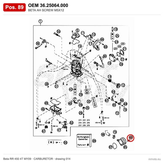 BETA AH SCREW M5X12 – OEM 36.25064.000, position 89 on the Beta RR 450 4T MY09 carburetor drawing