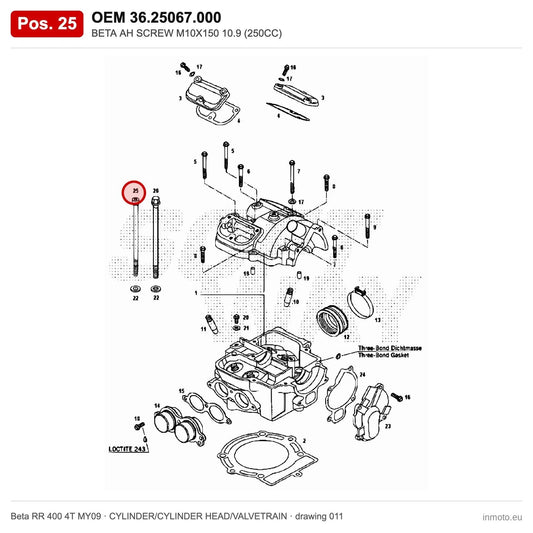 BETA AH SCREW M10X150 10.9 (250CC) – OEM 36.25067.000, position 25 on the Beta RR 400 4T MY09 cylinder/cylinder head/valvetrain drawing