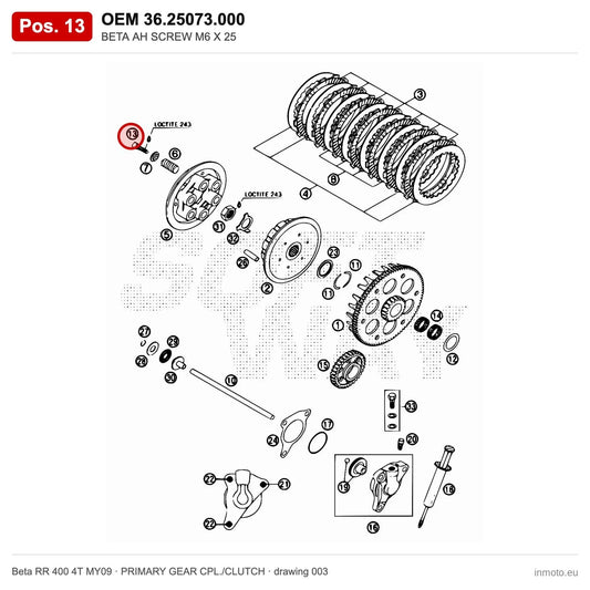 BETA AH SCREW M6 X 25 – OEM 36.25073.000, position 13 on the Beta RR 400 4T MY09 primary gear cpl./clutch drawing