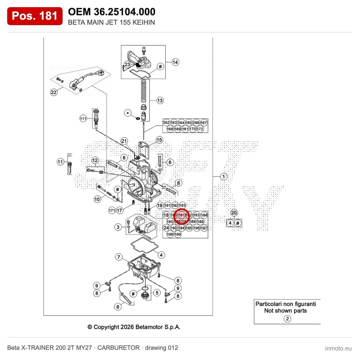 BETA MAIN JET 155 KEIHIN – OEM 36.25104.000, position 181 on the Beta X-TRAINER 200 2T MY27 carburetor drawing