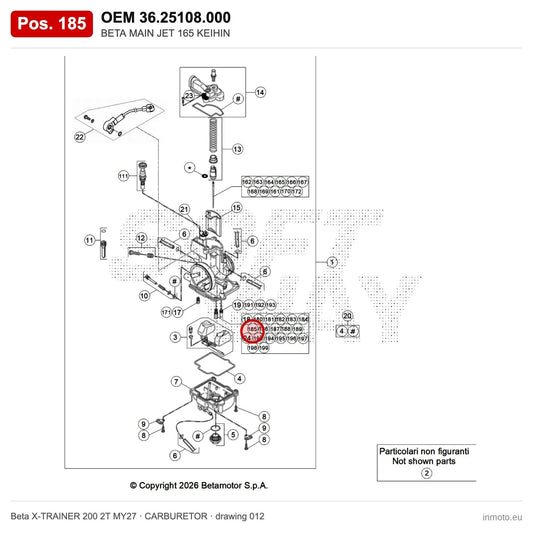 BETA MAIN JET 165 KEIHIN – OEM 36.25108.000, position 185 on the Beta X-TRAINER 200 2T MY27 carburetor drawing