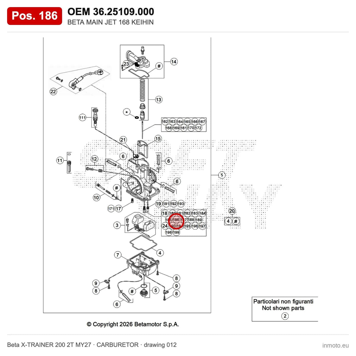 BETA MAIN JET 168 KEIHIN – OEM 36.25109.000, position 186 on the Beta X-TRAINER 200 2T MY27 carburetor drawing
