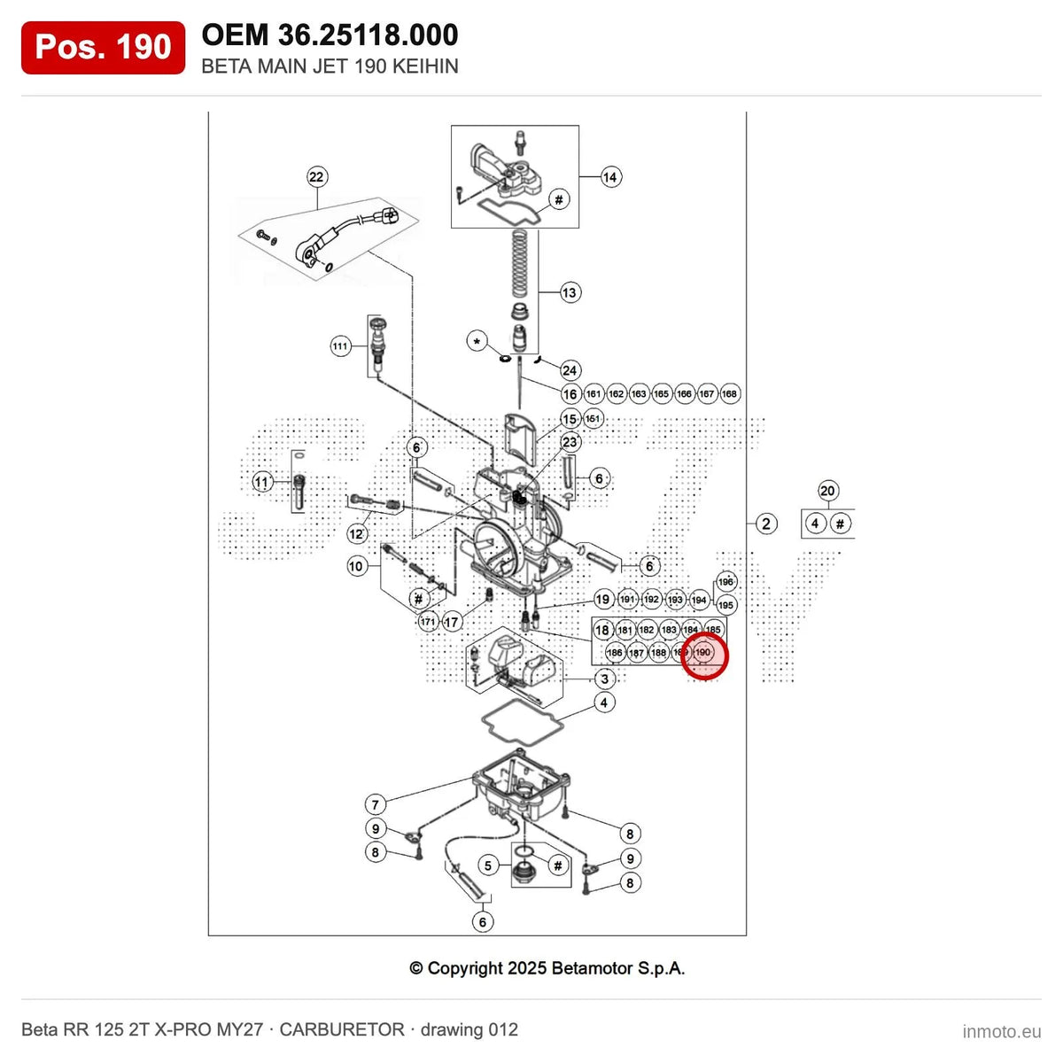 BETA MAIN JET 190 KEIHIN – OEM 36.25118.000, position 190 on the Beta RR 125 2T X-PRO MY27 carburetor drawing